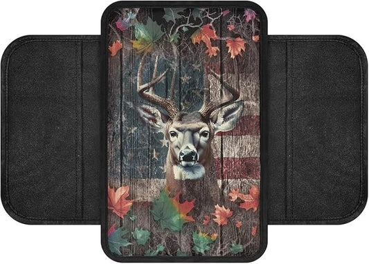 Deer Flag Leaf Print Car Center Console Cover Soft Armrest Seat Box Cover Protector Wear-Resistan Vehicle Armrest Cover Pad Car Armrest Cover Cushion with 2 Storage Bags
