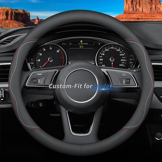 Custom-Fit for Dodge Steering Wheel Cover, Premium Leather Car Steering Wheel Cover with Logo, Non-Slip, Breathable, for Dodge Accessories (A-Style,for Dodge)
