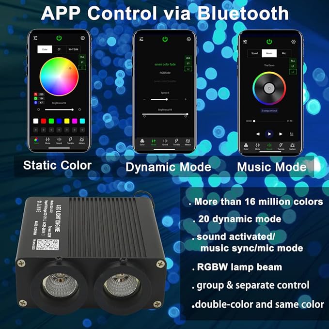 AZIMOM Dual Color 32W 1200pcs Fiber Optic Starlight Headliner Kits 0.03in 9.8ft Fiber Strands Sound-Activated APP/Bluetooth Remote Control Home Car Star Ceiling Roof Decor