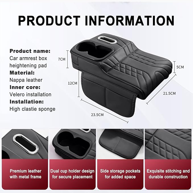 Car Armrest Storage Box for Infiniti QX60 2013–2025 2020 2021 2022 2023 2024, Sport-Style Center Console Organizer with Side Pocket, PU Leather Armrest Cushion, Elbow Support Pad,C Grey
