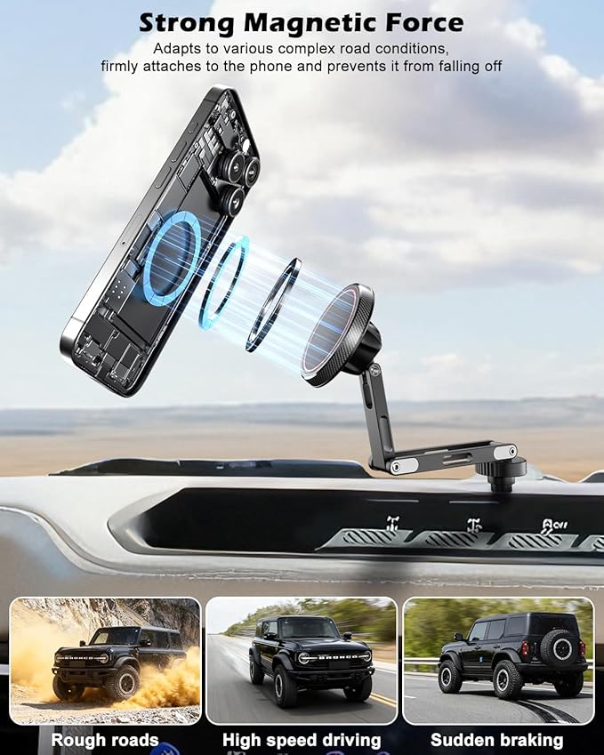 CloudValley 15W Magnetic Wireless Car Charger Phone Mount for Ford Bronco 2021-2026 2/4 Door Badlands, Off-Road Stable Dash Phone Holder with 360° Adjustable Aluminum Alloy, No Drill Install