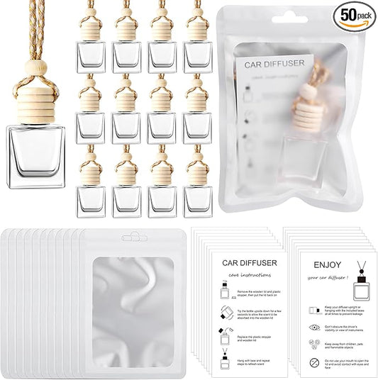 Boao 50 Sets Hanging Car Air Freshener Diffuser Bottles with Instruction Card and 4 x 6'' Resealable Holographic Bag for Empty Car Essential Oil Perfume Bottles Packaging (Cube)