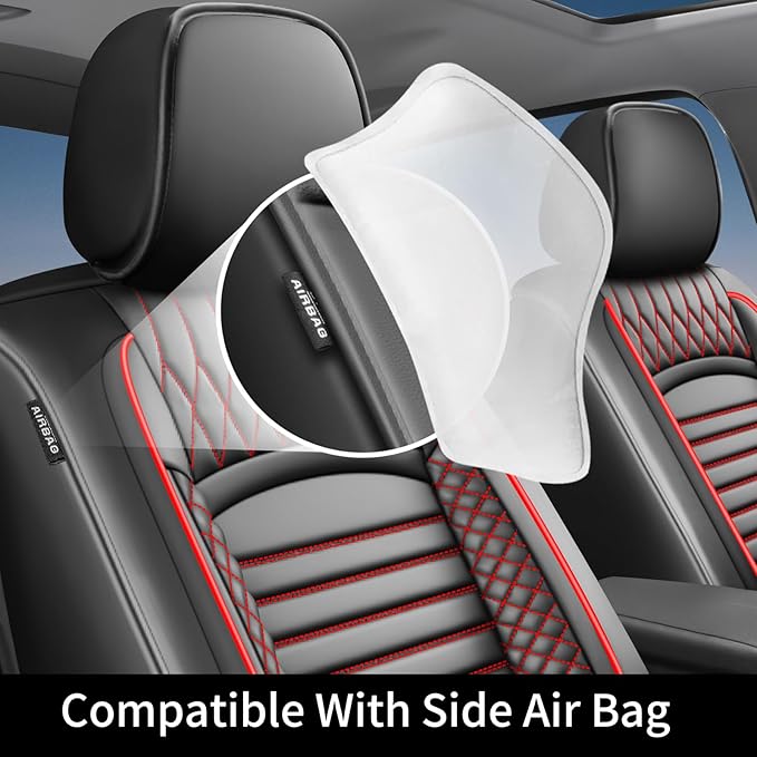 Fit Prius Car Seat Covers for Toyota Prius 2001-2024 2025 2026 - Upgraded Premium Waterproof & Breathable Leather, Airbag Compatible, All-Weather Seat Cushion Protector (2 Front/Black+Red)