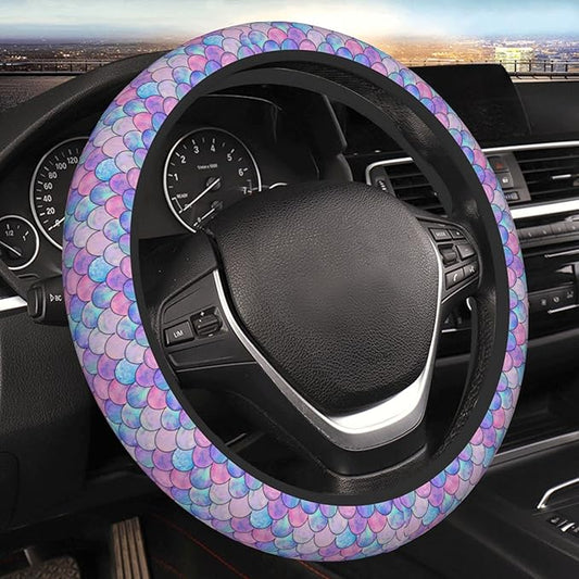 Mermaid Rainbow Steering Wheel Cover Women Men Elastic Stretch Soft Car Wheel Protector Universal Breathable No-Slip Car Accessories for Truck Van SUV Auto Fit 14-15 Inches