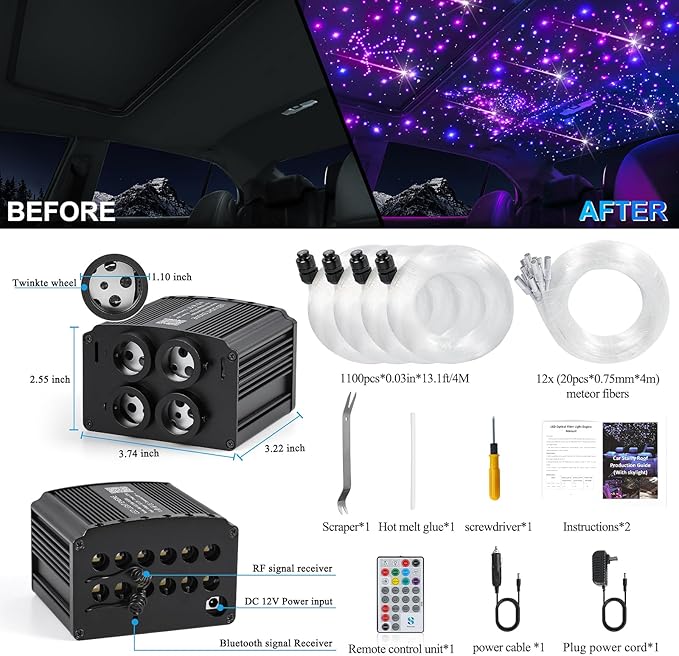 Car Starlight Headliner Kit, 4 Colors 32W Twinkle & Meteor Fiber Optic Ceiling Lights, 2 in 1 Light Engine 1100pcs*0.03in*13.1ft+240 RGBW Shooting Stars Lights for Car Roof Décor