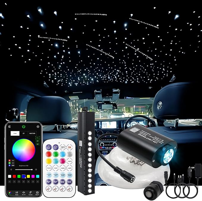 AKEPO 6W Mini Size RGBW Twinkle+White Meteor+Music Sync APP Fiber Optic Lights Kit, Shooting Star Fibers+600pcs 0.03in 9.8ft/3m Fibers APP Fiber Optic Star Light for Home/Car Headliner Starlight