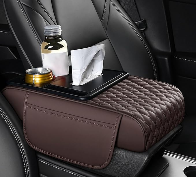 Car Armrest Center Console Cover for Hyundai Santa Fe 2000–2025, Center Console Pad with Cup Holder, Multifunctional Armrest Cushion,C Coffee