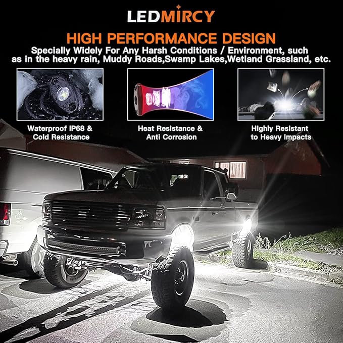 LEDMIRCY R1 White Rock Lights 30PCS High Power Underbody Pure White LED Rock Lights for UTV Trucks SUV ATV Off Road Boat Neon Trail Rig Light Underglow Trail TRAI Rig Light Waterproof Shockproof