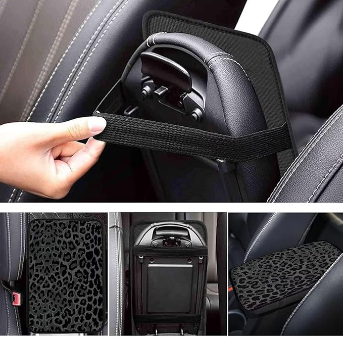 Suobstales Black Leopard Print Car Center Console Pad for Women Men Universal Accessories Vehicle SUV Truck Auto Armrest Cover Protector Cushion Decoration