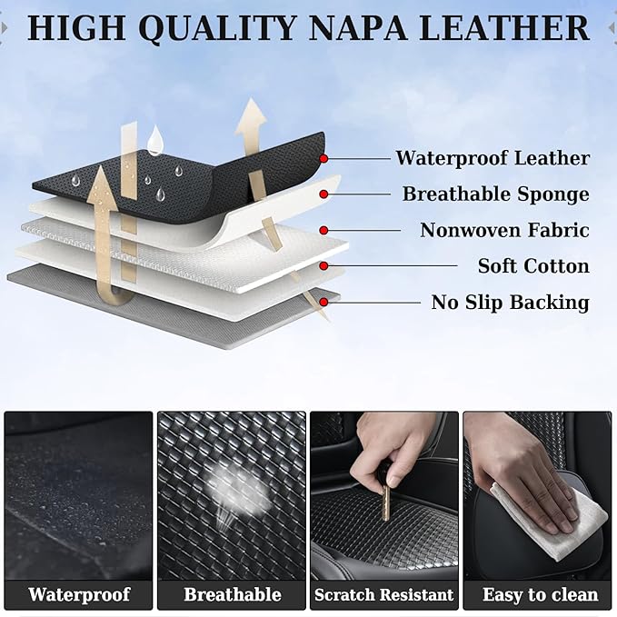 Coverado Car Seat Covers Full Set, Black Seat Covers for Cars, Waterproof Nappa Leather Automotive Seat Covers with Lumbar Head Pillow, Car Seat Protectors, Universal Fit for Most Cars SUV