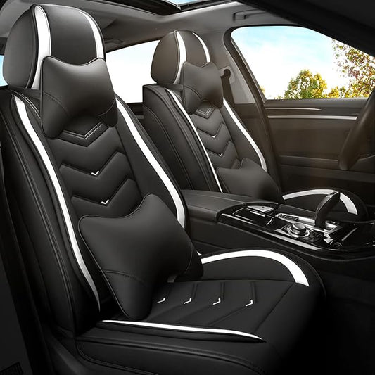 Car Seat Covers for KIA Sedona 2003-2021, Premium Nappa Leather Car Seat Cover, Stylish Sport Seat Covers， Automobile Seat Cover Sets.(Luxury 2 Seats/Black White)