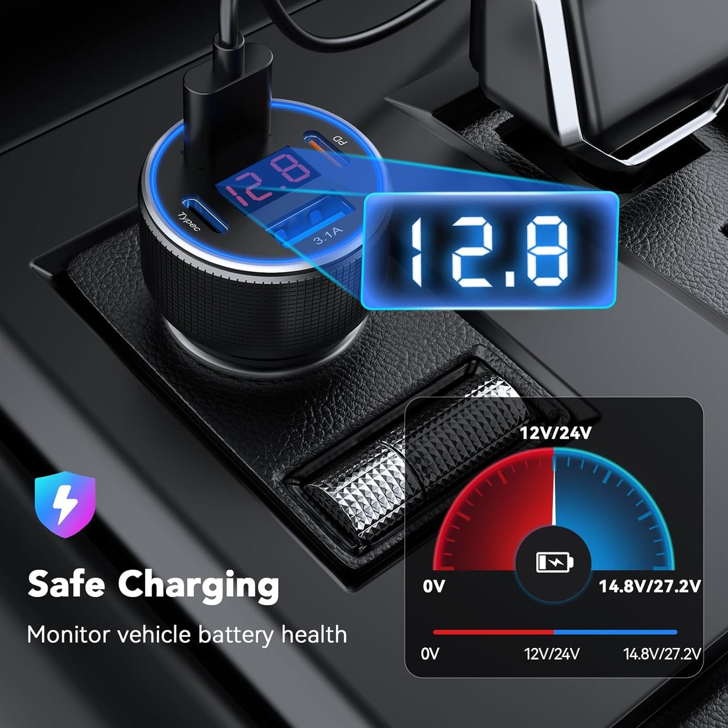 USB C Car Charger, Car Accessories for iPhone Aluminum Alloy Type C Car Charger Adapter Cigarette Lighter USB Charger Fast Charging for iPhone 16 15 14 13 Samsung Galaxy Google iPad Android