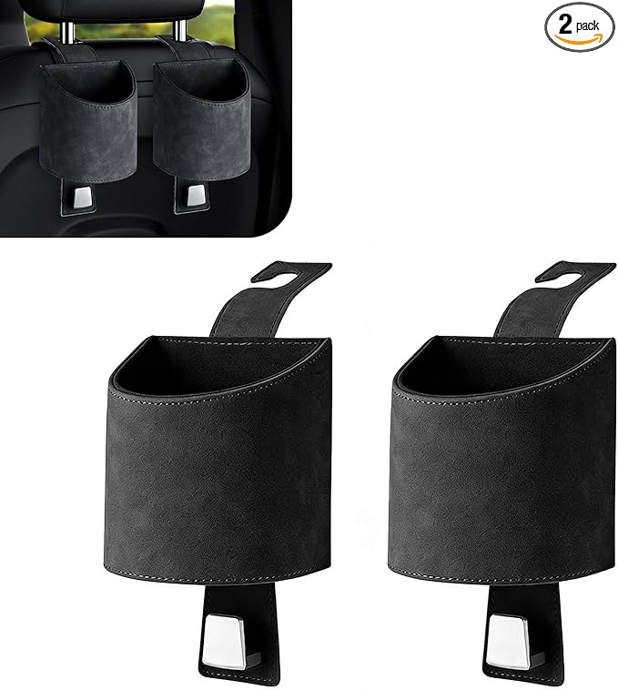 2PCS Car Headrest Cup Holder Organizer, Faux Leather Suede 2-in-1 Backseat Drink Holder with Hooks, Stable Spill-Resistant Storage for Drinks Bottles Bags, Universal Auto Interior Accessory (Black)