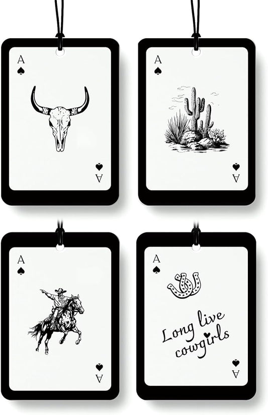 Vintage Western Car Air Freshener 4 Pcs, Long Live Cowgirls Cow Skull Cactus Ace Card Hanging Air Freshener for Cars Closet Drawer Books, Retro Western Car Accessories Mirror Decor for Women