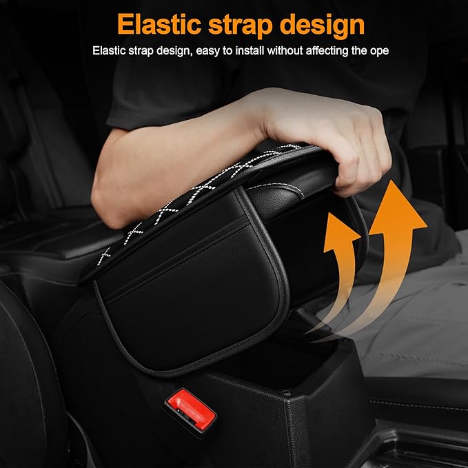 Bling Armrest Cover for Car Compatible with Jeep Grand Cherokee L - Center Console Cover with 2 Storage Pockets and Crystal Diamond(Black)