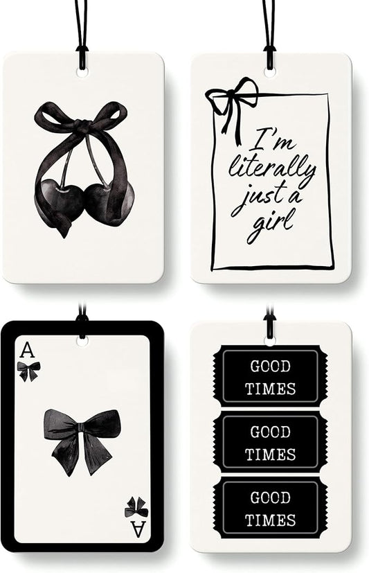Coquette Black Bow Cherry Cologne Car Air Freshener 4 Pcs, Retro Preppy Cherry Poker Ticket Hanging Air Freshener for Cars Bathroom Dorm Books Decor, Vintage Accessories Gifts for Women Girls