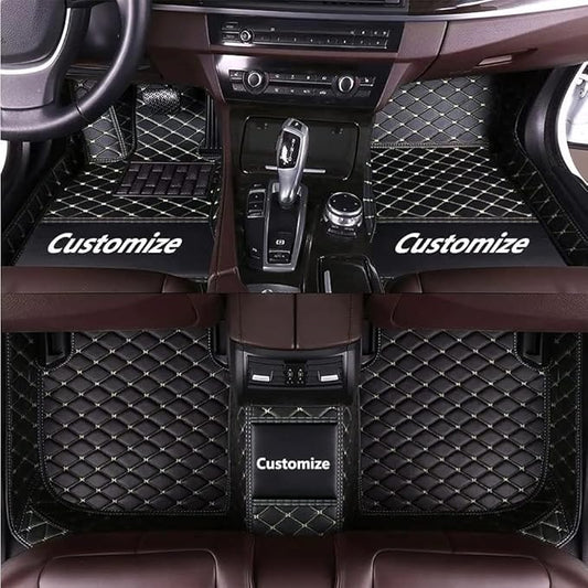 Custom Making Car Floor Mats Compatible for 2000-2025 All Mode Sedan SUV Sports Car Full Coverage Cute Pads Protection Non-Slip Leather Floor Liners (Black Beige Line)