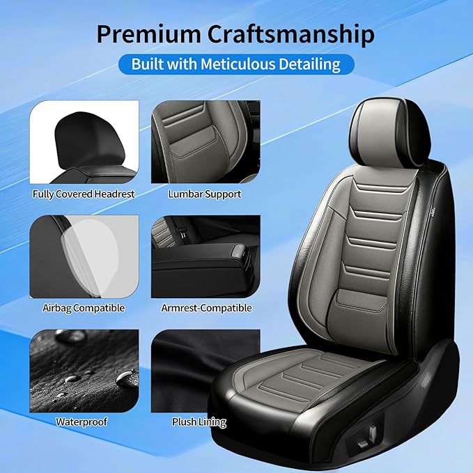 Fit Cruze Car Seat Covers for Select Chevrolet/Chevy Cruze 2011-2019, Premium Full Coverage Leather, Airbag Compatible, Waterproof All Weather Seat Cushion Protector, Full Set, Black+Gray