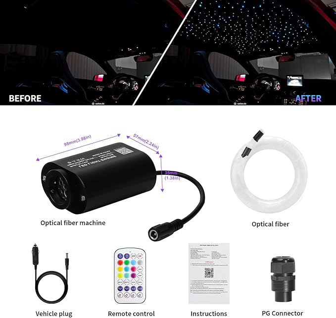 6W Small Size Starlight Headliner Kit, 350pcs*9.8ft Fiber Optic Car Ceiling Lights with Twinkle & Music Sync, APP & Remote Control Control for Car/Home Decoration, RGBW Starlight Engine