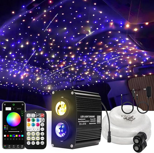AKEPO 18W Meteor Twinkle 2-in-1 APP Fiber Optic Lights, RGBW Dual Color Twinkle 750pcs of 9.8ft/3m Mixed Size Fiber Strands+240pcs Fiber Shooting Star Ceiling Light Kit for Starlight Headliner/Home