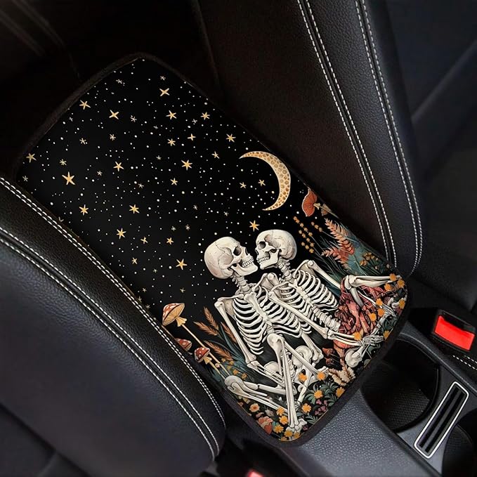 Suobstales Skull Mushroom Moon Star Print Car Armrest Pad Soft Center Console Arm Rest Protector Cover Universal Car Interior Accessories Decoration