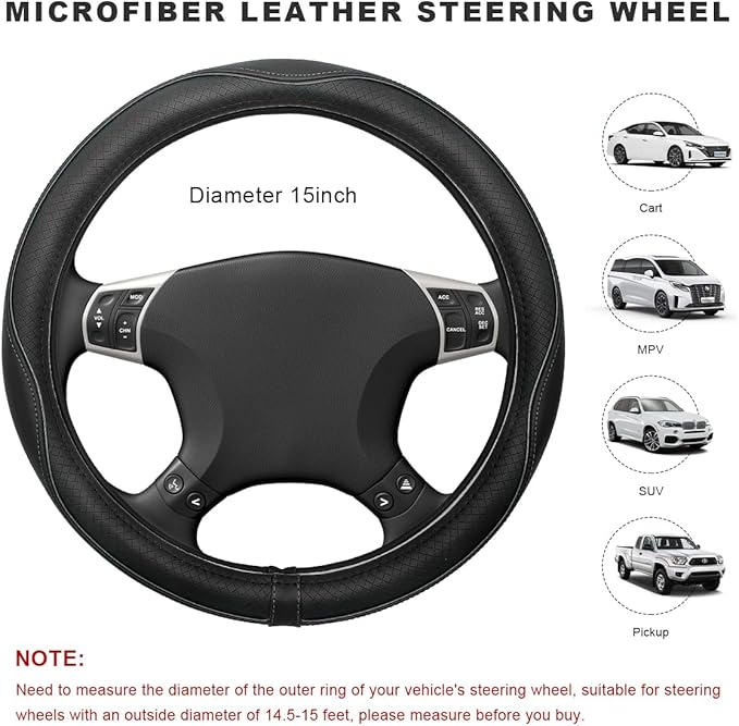 Car Steering Wheel Cover, 15 Inch Anti-Slip Breathable Leather Auto Steering Wheel Protector, Full Surround Soft Steering Wheel Cover for Men Women, Car Interior Accessories (Black & Gray)