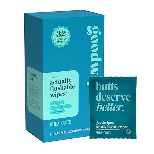 goodwipes Flushable Wipes - Individually Wrapped Butt Wipe for On-the-Go Adults - Portable Mini Wipes - Travel Essentials - Sewer & Septic Safe - Shea-Coco, 32 Count (1 Pack)