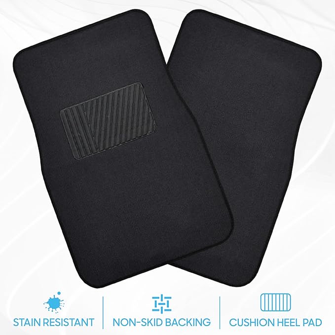 BDK MT-100-BK Classic Carpet Floor Mats for Car & Auto - Universal Fit -Front & Rear with Heelpad (Black)
