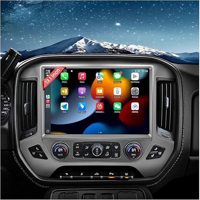 13.1" QLED Car Radio Stereo Upgrade for Chevy Silverado & GMC Sierra 2014-2018, 8-Core Head Unit 4GB+64GB with CarPlay/Android Auto, 2K Touch Screen and 1080P Backup Camera (6+128 Silver)