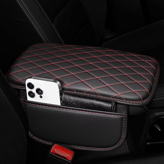 Upgraded Car Center Console Cover Fit for RAV4 Faux Leather Car Armrest Cover Cushion with 2 Storage Bags,Car Armrest Storage Box Interior Accessories(Black&Redline)