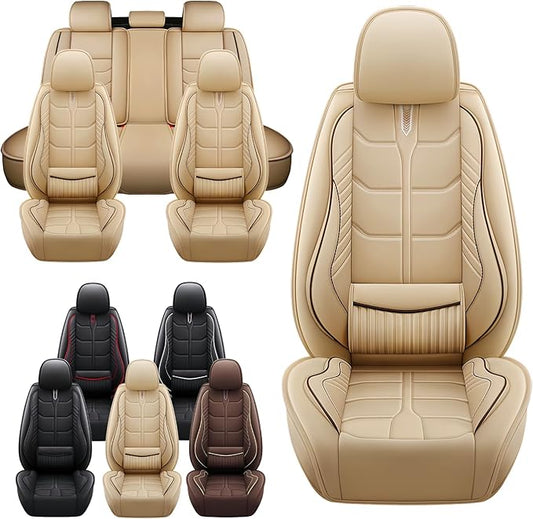 Leather Car Seat Covers Fit for Toyota RAV4 Hybrid 2016-2024, 5 Seater Car Seat Cover, Premium Waterproof, Scratch Resistant Car Interior Accessories (Full Set Beige)