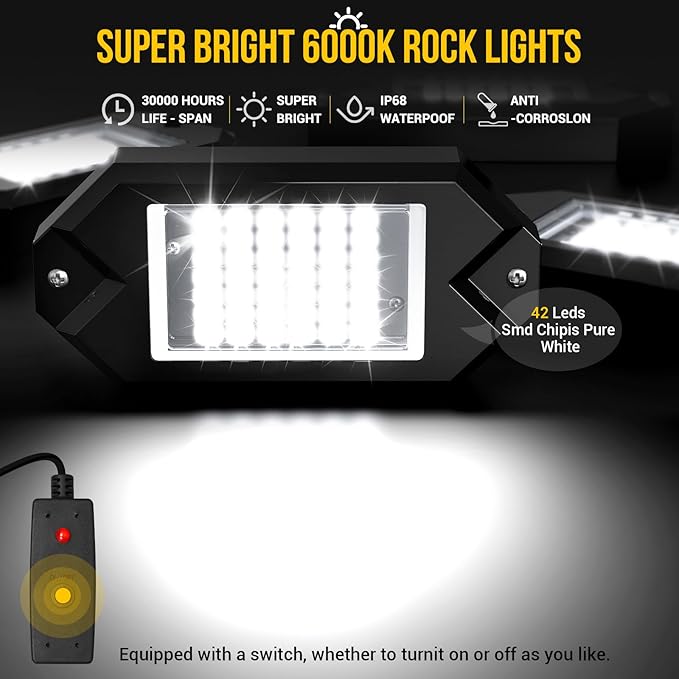 Hovano 16Pods Alloy White Rock Lights Kits with Extension Wires,6000K Pure White Color 42 LED Super Bright Chips IP68 Waterproof Underglow Kit for Pickup Off Road Trucks SUV ATV UTV Golf Car Boat