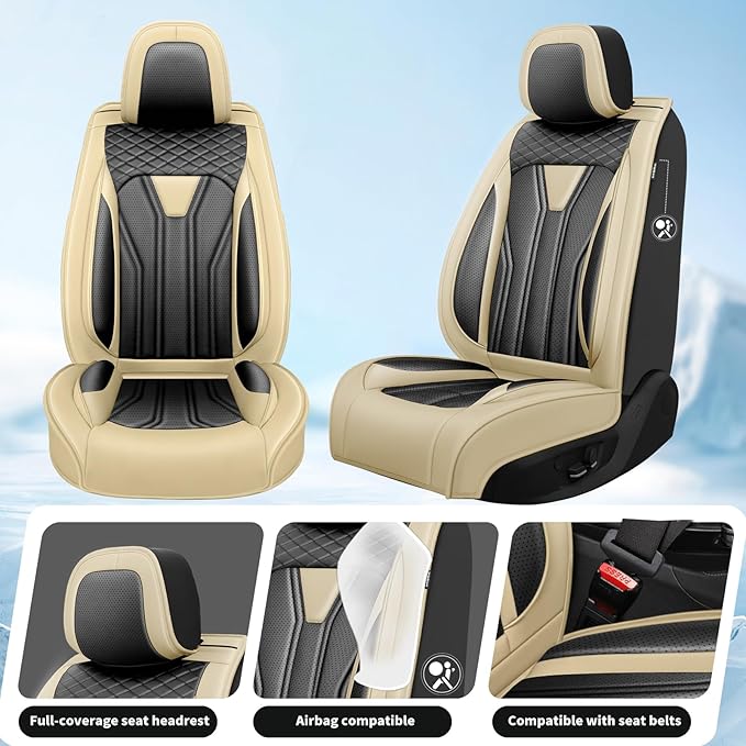 Fit Sentra Car Seat Covers Compatible with Nissan Sentra 2001-2025 2026 - Full Set Premium Leather， Waterproof Breathable， All-Weather Seat Cushion Protecto&Airbag Compatible （Beige & Black