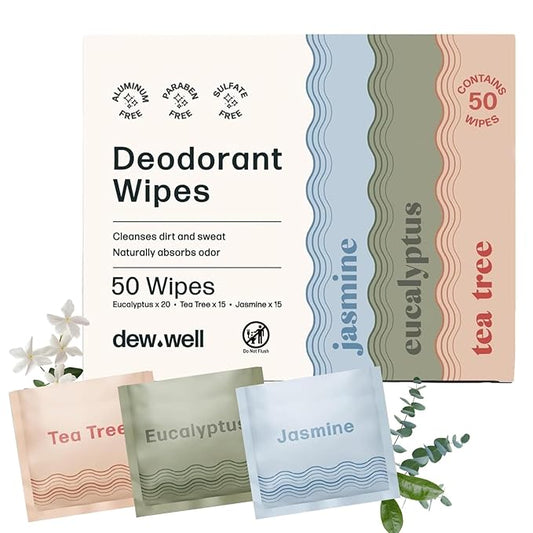 Dew Well Refreshing Deodorant Wipes, Refresh Body Deodorant Wipes, A Fresh Start When You’re On the Go, Aluminum, Paraben, and Sulfate Free, Variety Pack (Tea Tree, Eucalyptus, Jasmine)