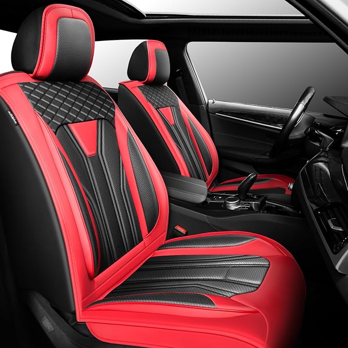 Fit Versa Car Seat Covers Compatible with Nissan Versa 2008-2025 2026 - Premium Leather， Waterproof Breathable， All-Weather Seat Cushion Protecto&Airbag Compatible (2 Front Seat Red&Black)