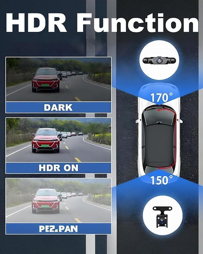 Car Dash Cam Wireless Front Rear 360 Full View 4K Dual Security 24HR Rechargeable 4 Channel Mirror Rearview Interior Auto Video On-Dash Mounted Driving Recorder Truck Electronics Accessory(128G)