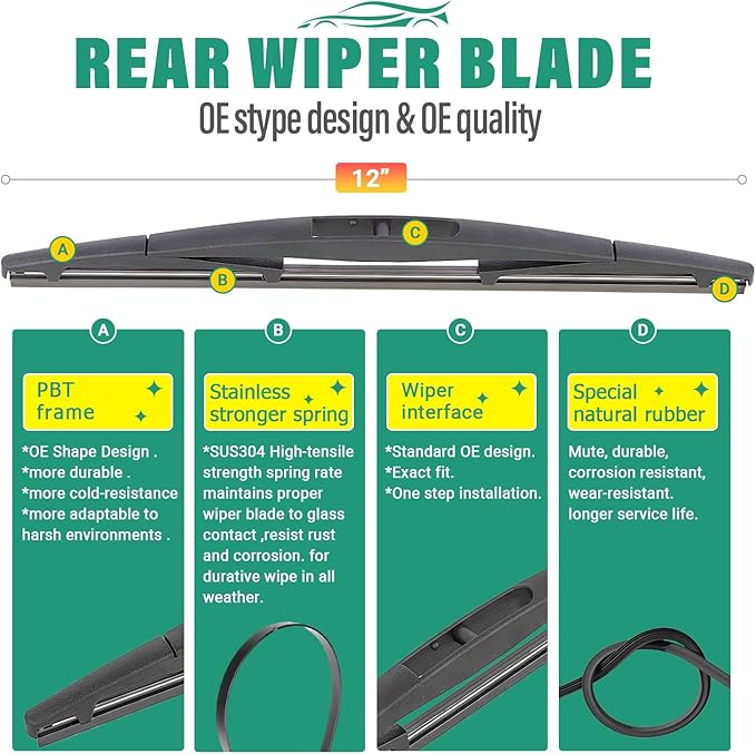 24" 18" 12" Windshield Wiper Blades Replacement for Nissan Xterra 2005-2015 Premium All Weather Front Rear Wipers Set - OEM Quality (Pack of 3)