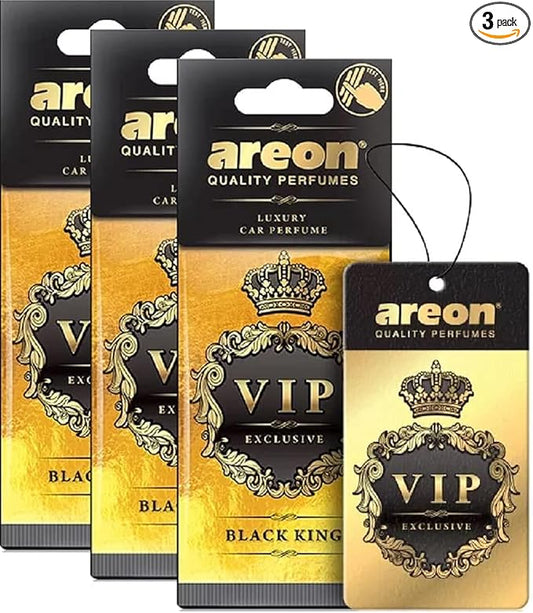 AREON VIP - Hanging Cardboard Air Freshener for Car, Home & Office - Premium Cologne Perfume with Natural Fragrances - Long Lasting, Fresh, Luxurious Scent - Stylish Design - Black King, Pack of 3
