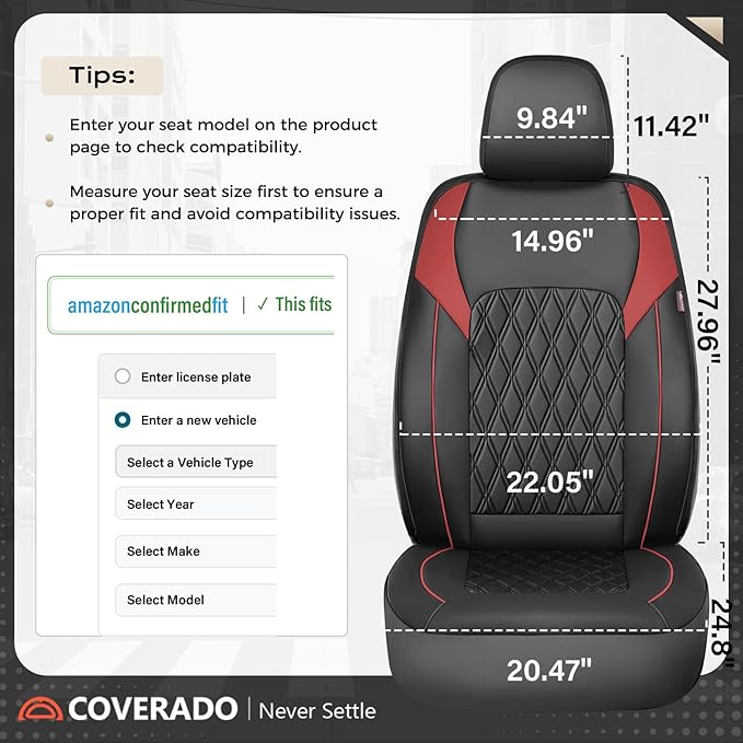 Coverado Car Seat Covers Full Set, Leather Seat Covers, Automotive Seat Covers for Cars, Car Seat Covers Front Seats Back, Car Seat Protector Car Seat Cushion Universal Fit Most Cars Trucks, Black&Red