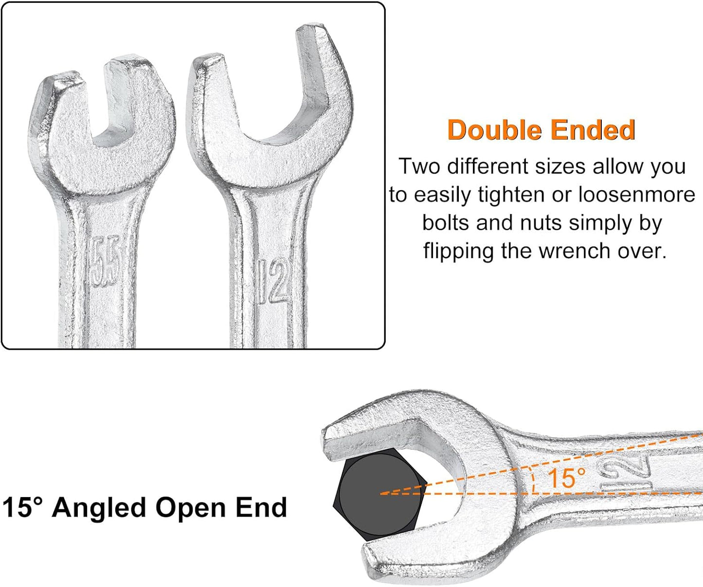 HARFINGTON 2pcs Double Open End Wrench 10mm x 14mm Metric 15 Degree Offset Angle Small Flat Head Wrench Galvanizing Open Ended Spanner for Automotive Repair Furniture Assembly
