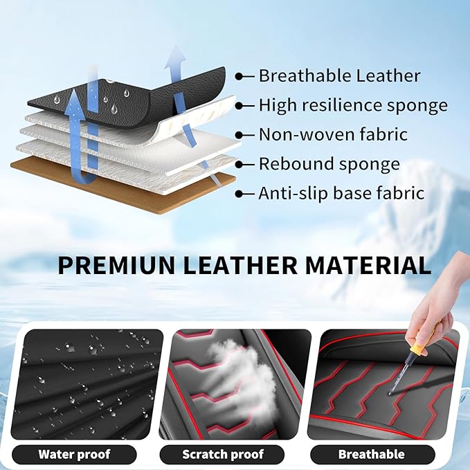 Fit Juke Car Seat Covers Compatible with Nissan Juke 2012-2015 2016 - Premium Leather，Waterproof Breathable，All-Weather Seat Cushion Protecto&Airbag Compatible (2 Front Seat Red Line Black)