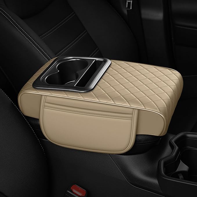 Armrest Cover for Car Fit for Jeep Cherokee - Center Console Cover with Cup Holders and 2 Storage Pockets(Beige)