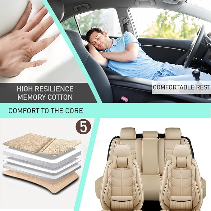 Leather Car Seat Covers Fit for Toyota Highlander Hybrid 2006-2024, 5 Seater Car Seat Cover, Premium Waterproof, Scratch Resistant Car Interior Accessories (Full Set with Pillow Beige)
