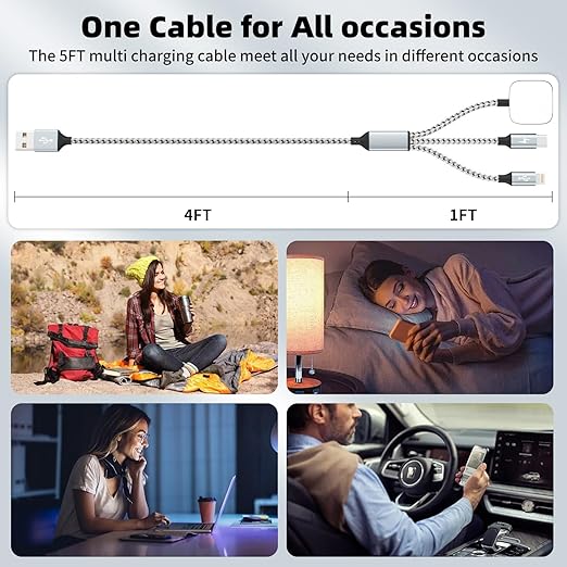 Travel Essentials 3in1 Multi Charging Cable for iPhone Watch Charger,USB A to Type C/IP/iWatch Charger, Charging Cords for Multiple Devices Compatible with iWatch Series&iPhone 16-12 5FT