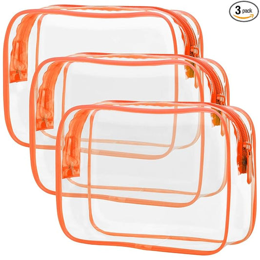 PACKISM Clear Makeup Bag with Zipper, 3 Pack Beauty Clear Cosmetic Bag TSA Approved Toiletry Bag, Travel Toiletry Bag, Quart Size Bag Carry on Airport Airline Compliant Bag, Orange