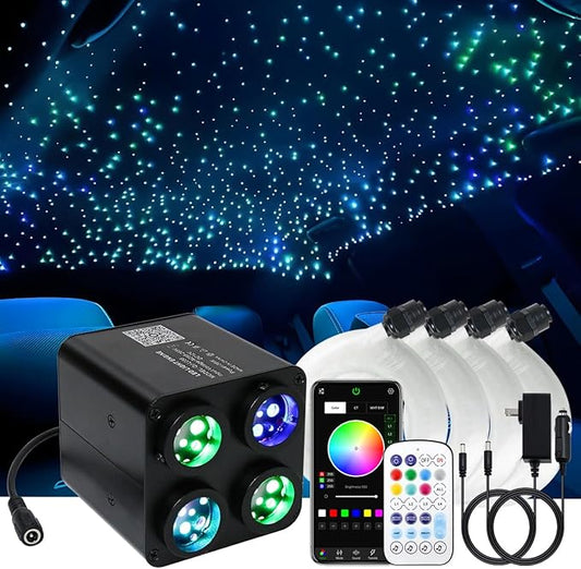 AKEPO 36W 4 Color Twinkle Fiber Optic Starlights Headliner Lights Kit, Optical Fibers Music Sync Bluetooth APP Control Starlight Kit, 1500pcs*13.1ft