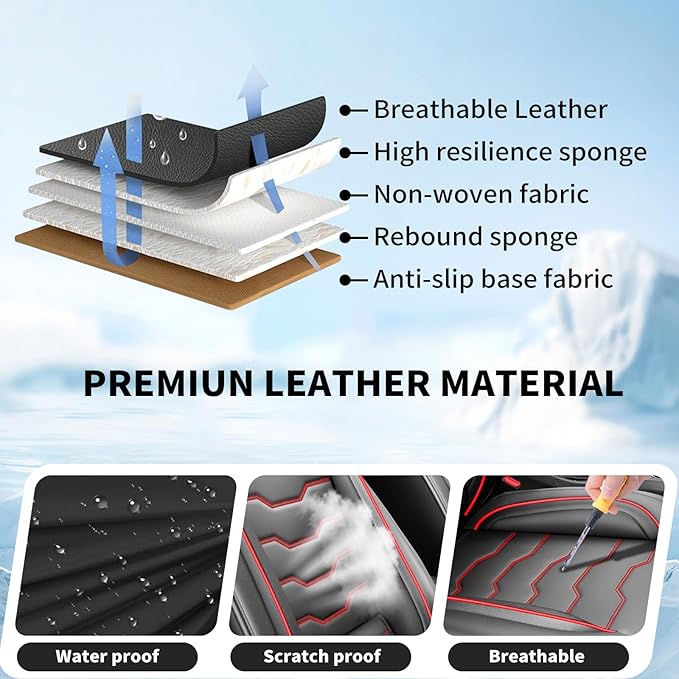 Fit Prius Car Seat Covers for Toyota Prius 2001-2025 2026 -Premium Leather, Waterproof，Breathable，All-Weather Seat Cushion Protecto & Airbag Compatible, 2 Front Seat Red Line Black