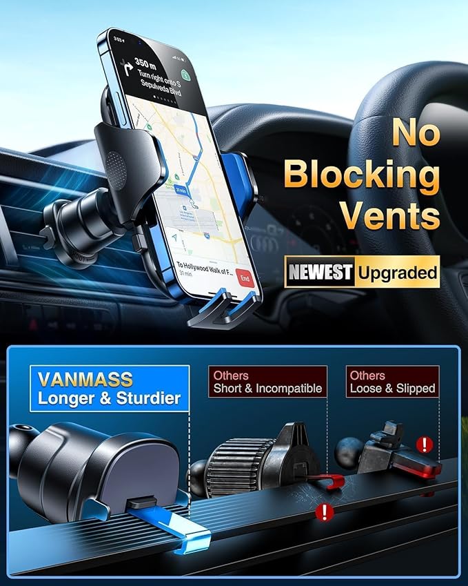 VANMASS Phone Holders for Your Car 2026 Ultimate Phone Mount Military-Grade Windshield Dashboard Vent【Newest Best Strongest】 Cell Phone Car Mount for iPhone 16 Pro Max 15 Samsung Android,Blue
