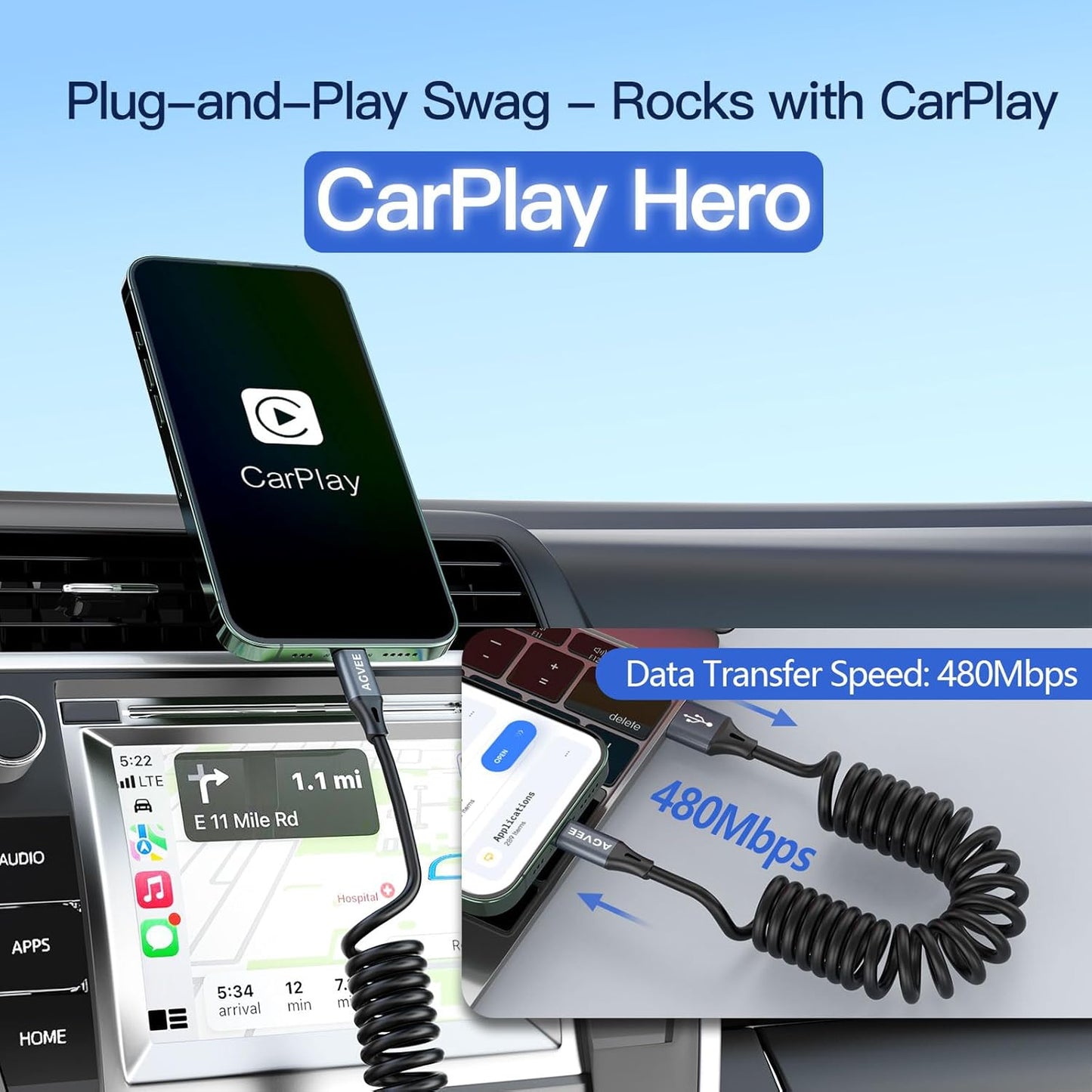 AGVEE 2 Pack 3ft Coiled Short USB to USB-C Charging Cable [USB-IF Certified] 3A Fast Charger Cord in Car for iPhone 16/15 CarPlay, Galaxy S25 S24 S23 S22 S21 S10 S9 S8, Google Pixel, Dark Gray