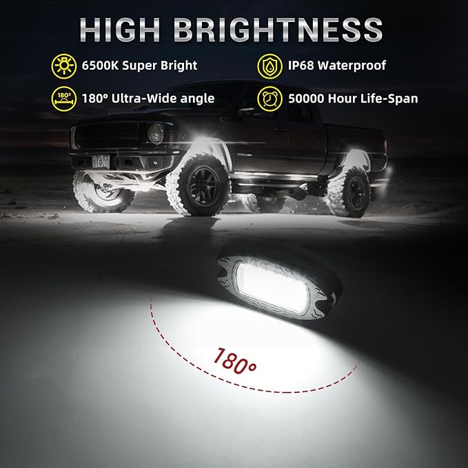 12 Pods Alloy Pure White LED Rock Lights for Trucks Offroad Pickup Boat Fender ATV UTV SUV, Aluminum IP68 Waterproof Shockproof 6500K Super Bright Metal White Underglow Kit with Switch Wiring Harness